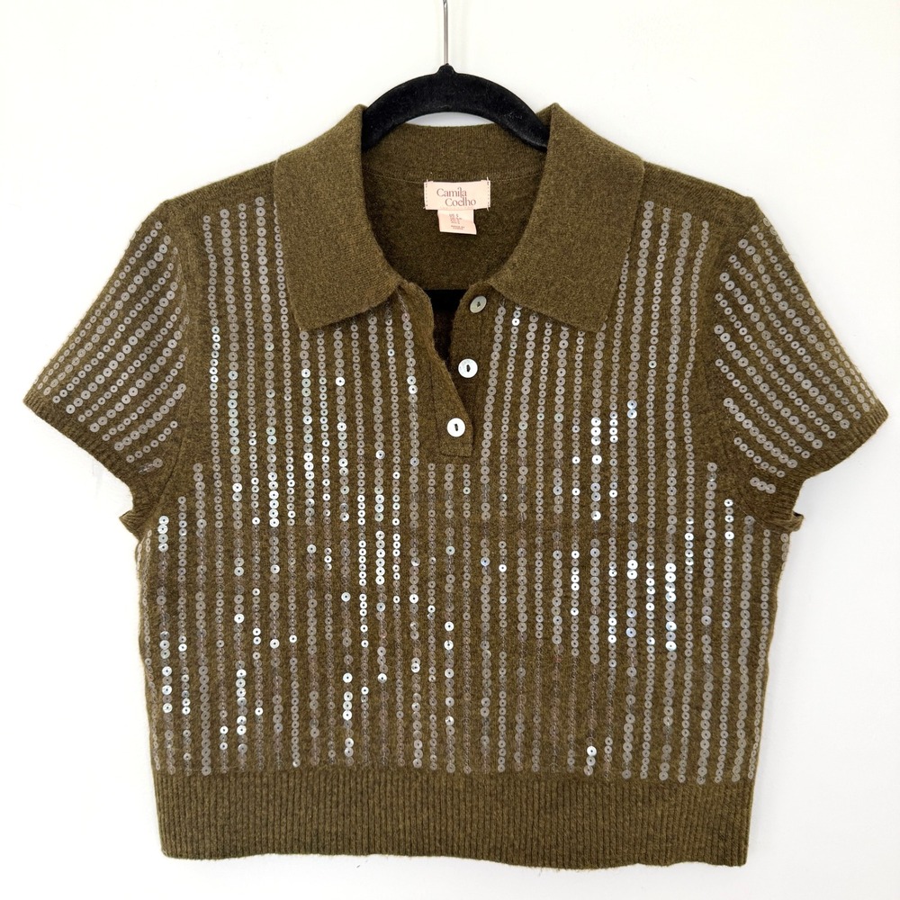 Camila Coelho Revolve Olive Green Sequin Polo Sweater Short Sleeve Small